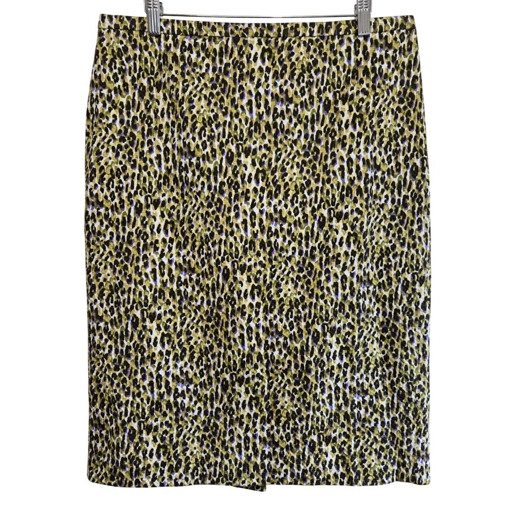 J.Crew Green Purple Chic Leopard Print Cotton Pique Pencil Skirt 12 Knee Length